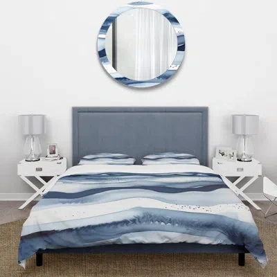 Design Art Abstract Classic Blue Waves Iii - Fractals Duvet Cover Set In Blue;white