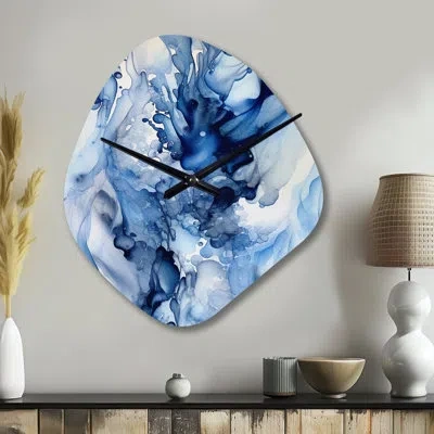 Design Art Abstract Classic Blue Waves V - Fractals Asymmetrical Metal Wall Clock, Blue Unique Shape Metal Cloc In Blue;white
