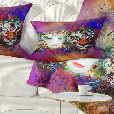 Design Art Abstract Colorful Tiger And Woman Face Lumbar Pillow