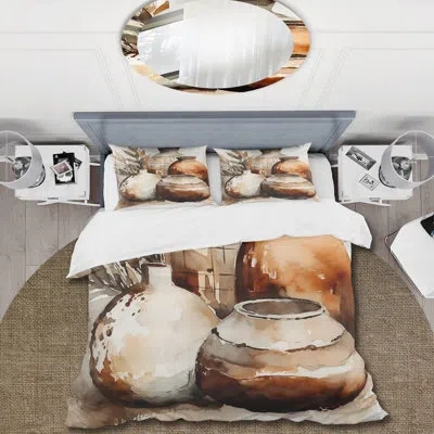 Design Art Abstract Comforter Set 4 Pcs - Brown And Cream Earthen Elegant Vase I Comforter Bedding Set In Cream;brown