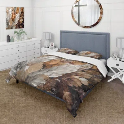 Design Art Abstract Comforter Set 4 Pcs - Gold Feather Extravaganza Iv Comforter Bedding Set In White;gold
