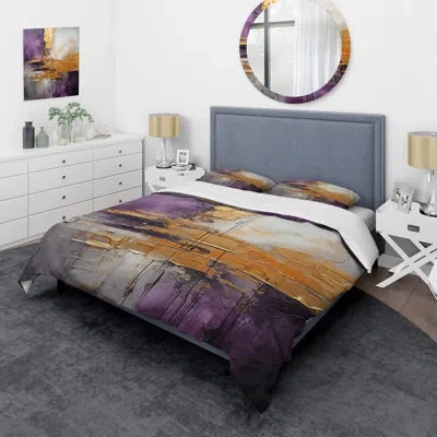 Design Art Abstract Comforter Set 4 Pcs - Gold Purple Abstract Fractal Iii Comforter Bedding Set In Gold;purple