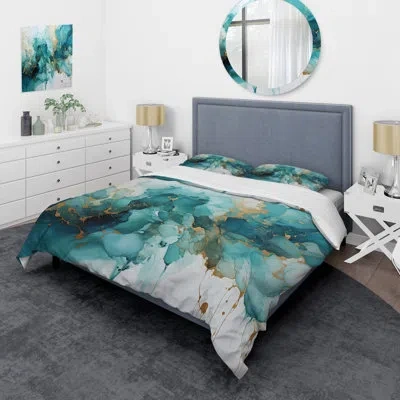 Design Art Abstract Comforter Set 4 Pcs - Teal Gold Abstract Fractal Mystic Mirage Iii Comforter Bedding Set In Teal;gold
