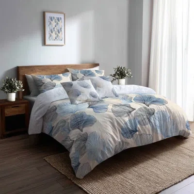 Design Art Abstract Comforter Set 6 Pcs - Blue Coastal Shellfish Comforter Bedding Set In Cream;blue