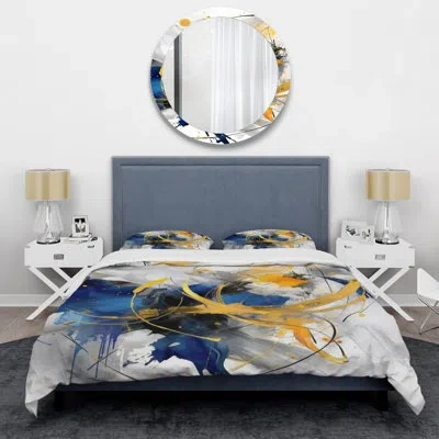 Design Art Abstract Comforter Set Of 4 - Dark Blue And Gold Strokes Xiv Comforter Bedding Set In Blue;gold