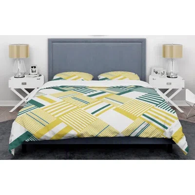 Design Art Abstract Diagonal Stripe Mid-century Duvet Cover Set In Yellow