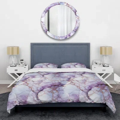 Design Art Abstract Duvet Cover Set - Crystal Vein Gold And Purple Marble Pattern In White;purple