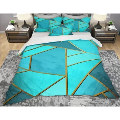 Design Art Abstract Duvet Cover Set - Designart Triangular Over Background Of Shades In Aqua