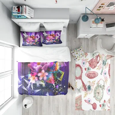 Design Art Abstract Floral Design With Dove - Floral Duvet Cover Set - Microfiber Polyester In Purple