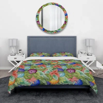 Design Art Abstract Flowers And Leaves - Flora Vintage Duvet Cover Set - Microfiber Polyester In Green