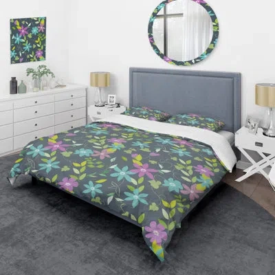 Design Art Abstract Flowers On Grey - Cabin & Lodge Duvet Cover Set In Purple,blue