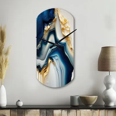 Design Art Abstract Geode Gold And Blue Marble Ii - Asymmetrical Marble Metal Clock, Cylinder Metal Clock Print In Blue;gold