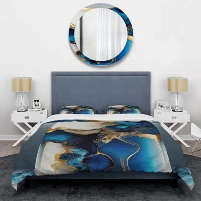 Design Art Abstract Geode Gold And Blue Marble Iii - Modern Duvet Cover Set - Microfiber Polyester In Blue;gold