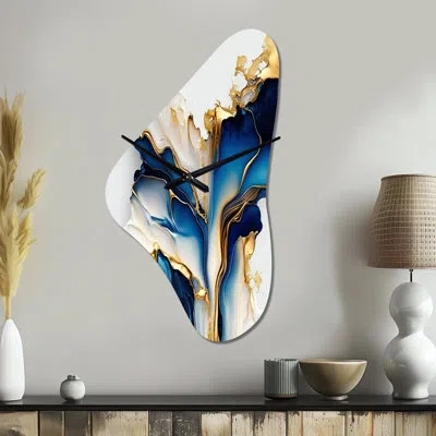 Design Art Abstract Geode Gold And Blue Marble Shape Iii - Marble Asymmetrical Metal Wall Clock, Blue Irregular In Blue;gold