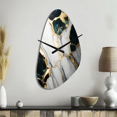 Design Art Abstract Geode Gold And Green Marble I - Marble Asymmetrical Metal Wall Clock, Modern Unique Shape W