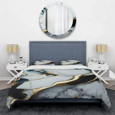 Design Art Abstract Geode Gold And White Marble Ii - Modern Duvet Cover Set - Microfiber Polyester In White;gold