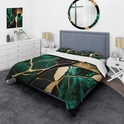 Design Art Abstract Geode Gold I - Modern Duvet Cover Set - Microfiber Polyester In Green;gold