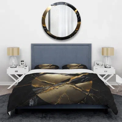 Design Art Abstract Geode Gold Iii - Modern Duvet Cover Set - Microfiber Polyester In Black;gold
