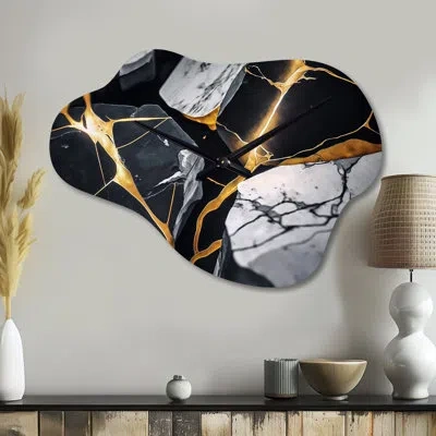 Design Art Abstract Geode Gold Marble Ii - Marble Irregular Shape Metal Clock, Black Asymmetrical Metal Clock P