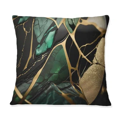 Design Art Abstract Geode Green Iii - Abstract Marble Printed Throw Pillow In Green;gold