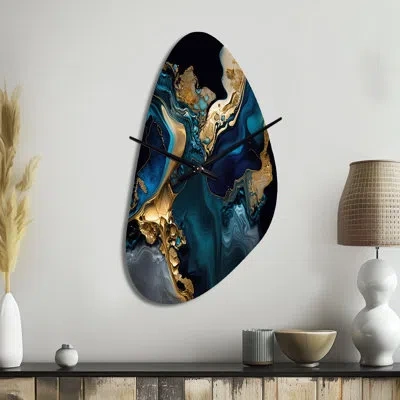 Design Art Abstract Geode Marble Blue Iv - Marble Unique Shape Metal Wall Clock, Modern Asymmetrical Wall Clock
