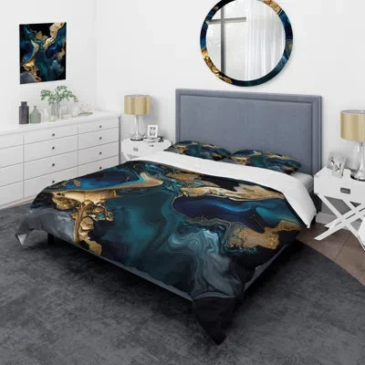 Design Art Abstract Geode Marble Blue Iv - Modern Duvet Cover Set - Microfiber Polyester In Blue;gold