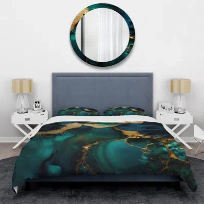 Design Art Abstract Geode Marble Green And Gold - Modern Duvet Cover Set - Microfiber Polyester In Green;gold