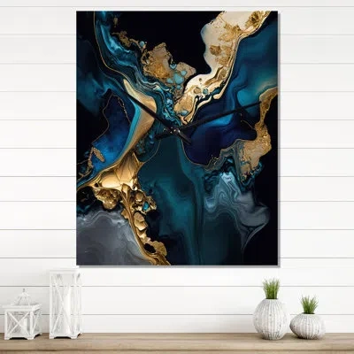 Design Art Abstract Geode Marble Iv - Marble Abstract Wall Clock In Blue;gold