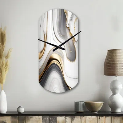 Design Art Abstract Geode Marble Waves Grey I - Abstract Asymmetrical Metal Wall Clock, Grey Cylinder Wall Cloc In Gray;gold