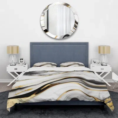 Design Art Abstract Geode Marble Waves Grey Iv - Modern Duvet Cover Set - Microfiber Polyester In Gray;gold