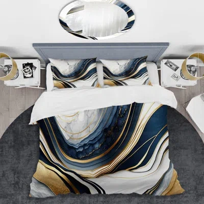 Design Art Abstract Geode Waves Blue And Gold Iii - Modern Duvet Cover Set - Microfiber Polyester In Blue;gold