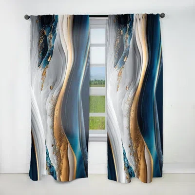 Design Art Abstract Geode Waves Blue Ii - Modern Velvet Curtain - Room Darkening - 1 Panel In Blue;gold