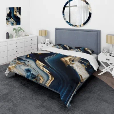 Design Art Abstract Geode Waves Blue V - Modern Duvet Cover Set - Microfiber Polyester In Blue;gold