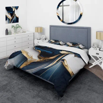 Design Art Abstract Geode Waves Gold I - Modern Duvet Cover Set - Microfiber Polyester In Blue;gold