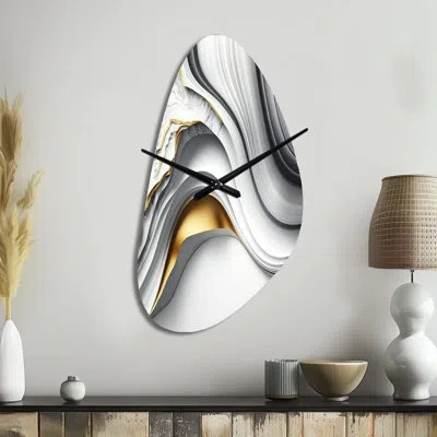 Design Art Abstract Geode Waves Grey I - Abstract Irregular Shape Metal Wall Clock, Grey Asymmetrical Wall Cloc In Gray