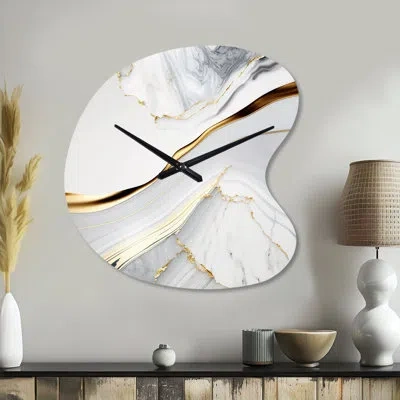 Design Art Abstract Geode Waves Grey Iv - Abstract Unique Shape Metal Wall Clock, Modern Asymmetrical Wall Cloc In Gray;gold