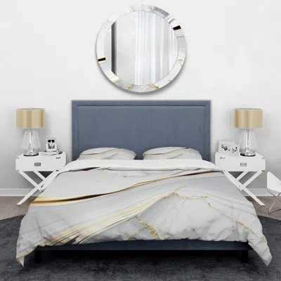Design Art Abstract Geode Waves Grey Iv - Modern Duvet Cover Set - Microfiber Polyester In Gray;gold