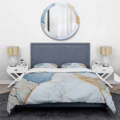 Design Art Abstract Geode White I - Modern Duvet Cover Set - Microfiber Polyester In White;gold