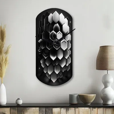 Design Art Abstract Geometric Black And White I - Geometric Cylinder Metal Wall Clock, Modern Asymmetrical Wall In Black;white