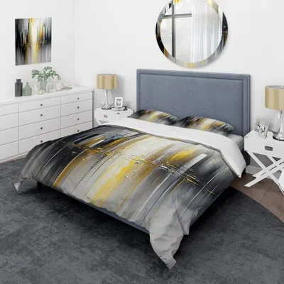 Design Art Abstract Geometric Black And Yellow Ii - Modern Duvet Cover Set - Microfiber Polyester In Black;yellow