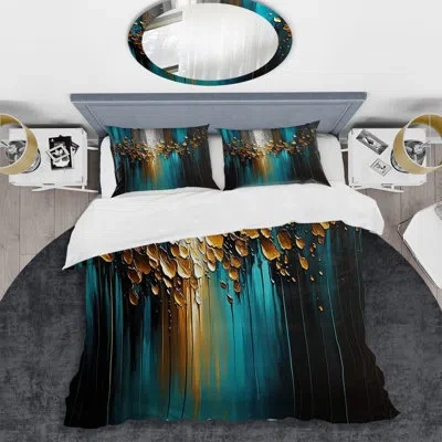 Design Art Abstract Geometric Green And Gold - Modern Duvet Cover Set - Microfiber Polyester In Green;gold