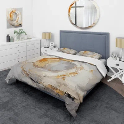 Design Art Abstract Gold And White Paint Spiral  Iii - Abstract Spirals Duvet Cover Set In White;orange