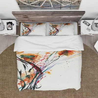 Design Art Abstract Handpainted Flowers Duvet Cover Set In White