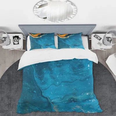 Design Art Abstract Marble Composition In Blue And Orange Iii - Modern Duvet Cover Set - Microfiber Polyester In Blue,orange