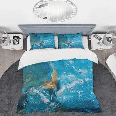 Design Art Abstract Marble Composition In Blue I - Modern Duvet Cover Set - Microfiber Polyester In Blue,brown