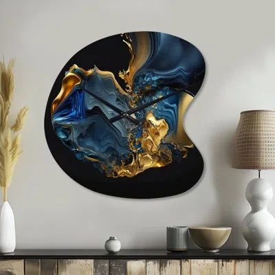 Design Art Abstract Marble Geode Blue And Gold - Liquid Ink Unique Shape Metal Wall Clock, Modern Asymmetrical  In Blue;gold