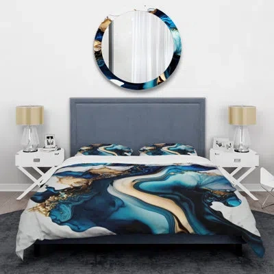 Design Art Abstract Marble Geode Blue Ii - Modern Duvet Cover Set - Microfiber Polyester In Blue;gold