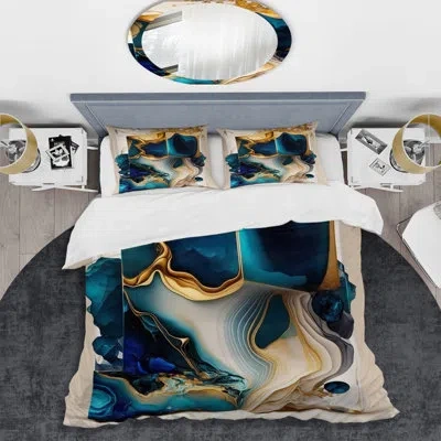 Design Art Abstract Marble Geode Blue Shape - Modern Duvet Cover Set - Microfiber Polyester In Blue;gold