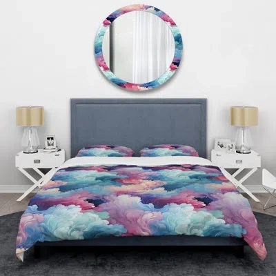 Design Art Abstract Multicolor Blue And Pink Cloud Mirage I - Abstract Duvet Cover Set In Purple