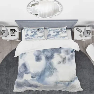 Design Art Abstract Of Dark Blue Clouds Iv - Modern Duvet Cover Set - Microfiber Polyester In Blue,gray,white